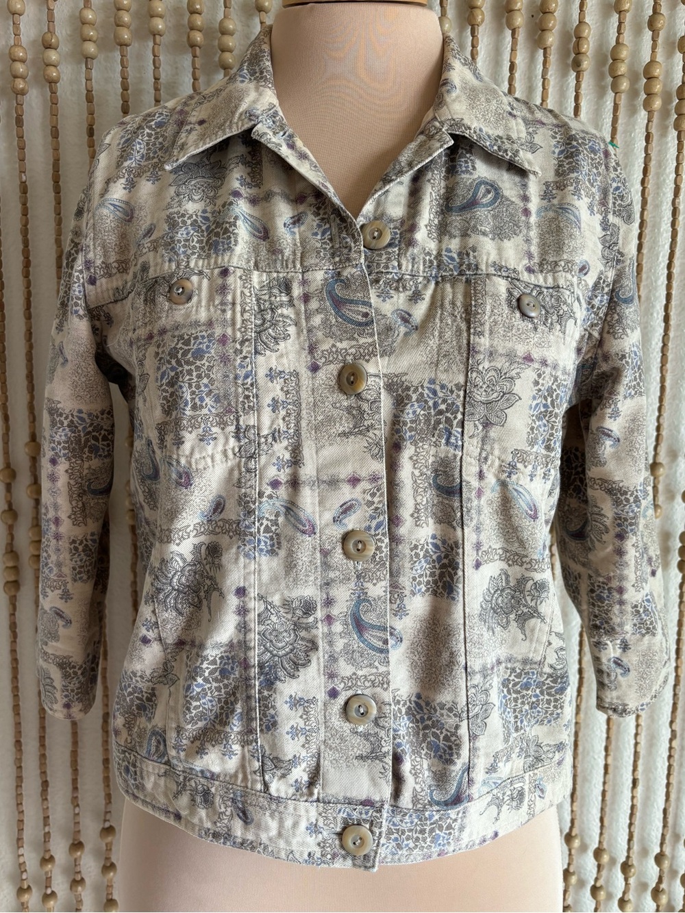 Vintage Boho Grunge Paisely Print  Button Down 3/4 Sleeve Denim Summer Jacket Sm